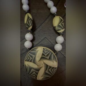 Vintage Japan Stamped Yellow Geometric Ceramic Medallion White Beaded Necklace